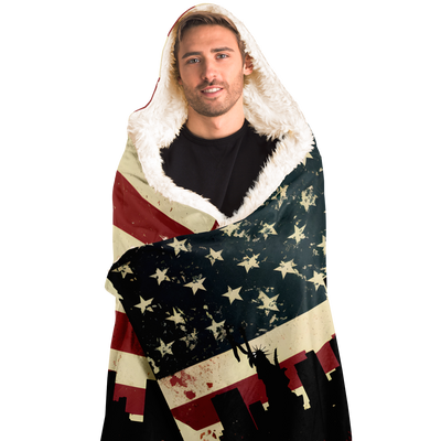 NYC SKYLINE AND AMERICAN FLAG HOODED BLANKET