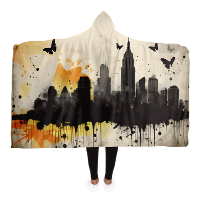 DISTRESSED NEW YORK SKYLINE AND BUTTERFLY HOODED BLANKET