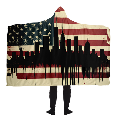 NYC SKYLINE AND AMERICAN FLAG HOODED BLANKET