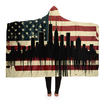 NYC SKYLINE AND AMERICAN FLAG HOODED BLANKET