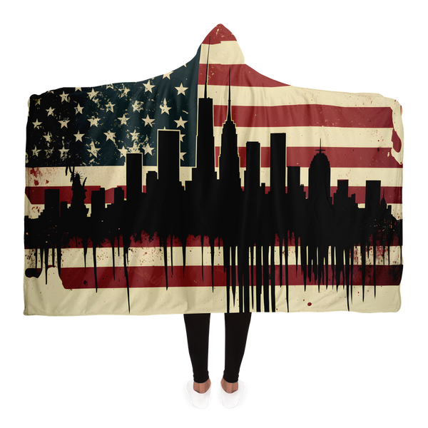 NYC SKYLINE AND AMERICAN FLAG HOODED BLANKET