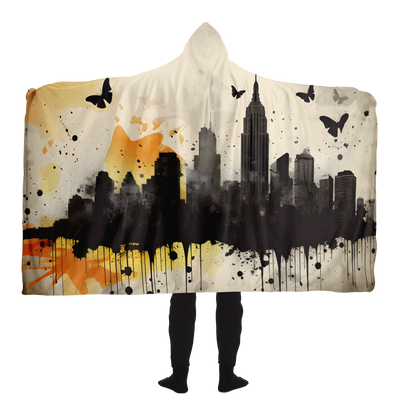 DISTRESSED NEW YORK SKYLINE AND BUTTERFLY HOODED BLANKET