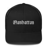 MANHATTAN OLD ENGLISH BLACK RETRO TRUCKER HAT