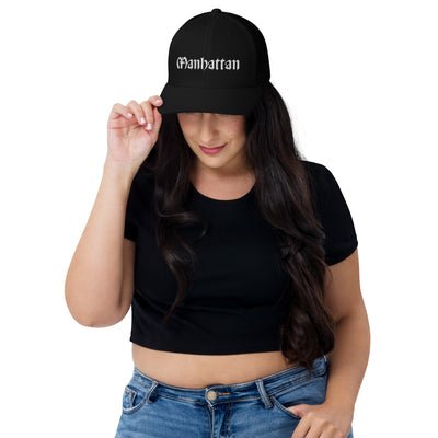 MANHATTAN OLD ENGLISH BLACK RETRO TRUCKER HAT