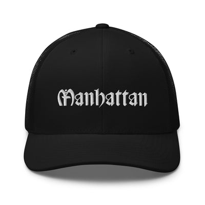 MANHATTAN OLD ENGLISH BLACK RETRO TRUCKER HAT