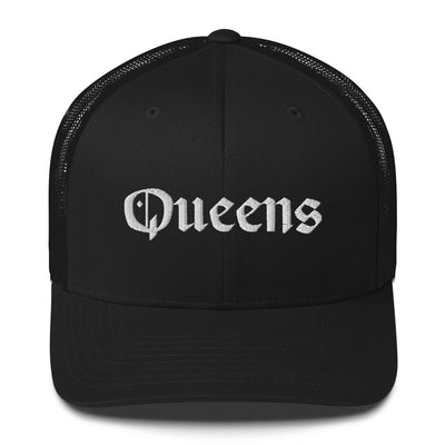 QUEENS OLD ENGLISH BLACK RETRO TRUCKER HAT