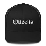 QUEENS OLD ENGLISH BLACK RETRO TRUCKER HAT