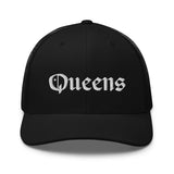 QUEENS OLD ENGLISH BLACK RETRO TRUCKER HAT