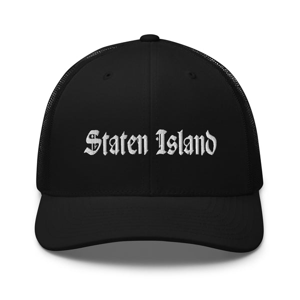 STATEN ISLAND OLD ENGLISH BLACK RETRO TRUCKER HAT