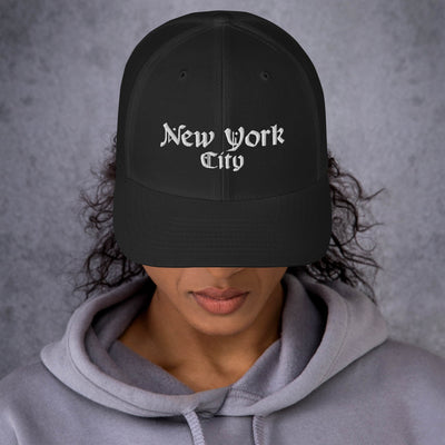 NEW YORK CITY OLD ENGLISH BLACK RETRO TRUCKER HAT