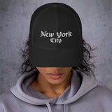 NEW YORK CITY OLD ENGLISH BLACK RETRO TRUCKER HAT