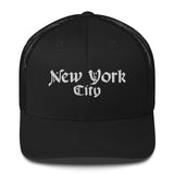 NEW YORK CITY OLD ENGLISH BLACK RETRO TRUCKER HAT