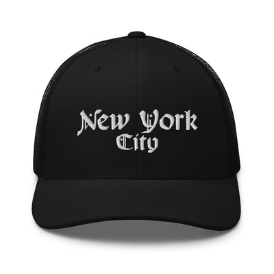 NEW YORK CITY OLD ENGLISH BLACK RETRO TRUCKER HAT