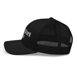 NEW YORK CITY OLD ENGLISH BLACK RETRO TRUCKER HAT