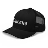 QUEENS OLD ENGLISH BLACK RETRO TRUCKER HAT