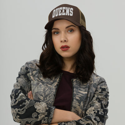 QUEENS BROWN AND KHAKI RETRO TRUCKER HAT