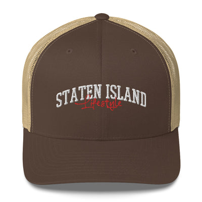 STATEN ISLAND LIFESTYLE BROWN AND KHAKI RETRO TRUCKER HAT