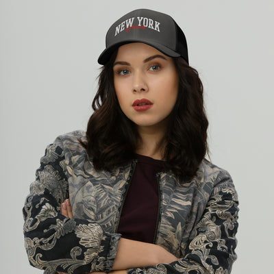 NEW YORK ATTITUDE CHARCOAL AND BLACK RETRO TRUCKER HAT