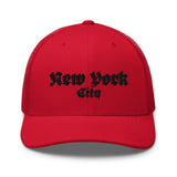 NEW YORK CITY OLD ENGLISH RED RETRO TRUCKER HAT