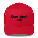 NEW YORK CITY OLD ENGLISH RED RETRO TRUCKER HAT