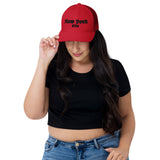 NEW YORK CITY OLD ENGLISH RED RETRO TRUCKER HAT