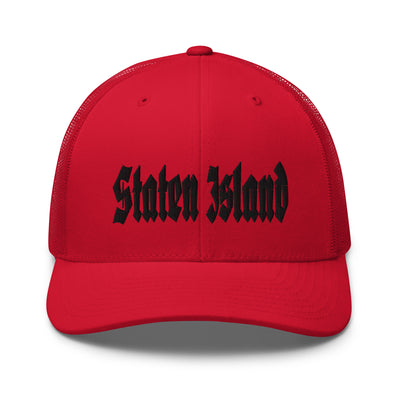 STATEN ISLAND OLD ENGLISH RED RETRO TRUCKER HAT