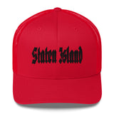 STATEN ISLAND OLD ENGLISH RED RETRO TRUCKER HAT