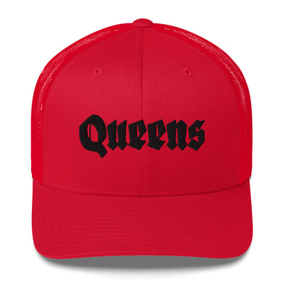 QUEENS OLD ENGLISH RED RETRO TRUCKER HAT