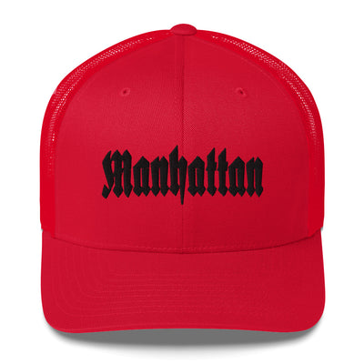 MANHATTAN OLD ENGLISH RED RETRO TRUCKER HAT