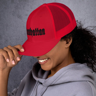 MANHATTAN OLD ENGLISH RED RETRO TRUCKER HAT