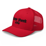 NEW YORK CITY OLD ENGLISH RED RETRO TRUCKER HAT