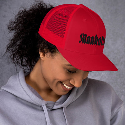 MANHATTAN OLD ENGLISH RED RETRO TRUCKER HAT