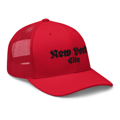 NEW YORK CITY OLD ENGLISH RED RETRO TRUCKER HAT