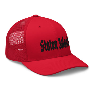 STATEN ISLAND OLD ENGLISH RED RETRO TRUCKER HAT